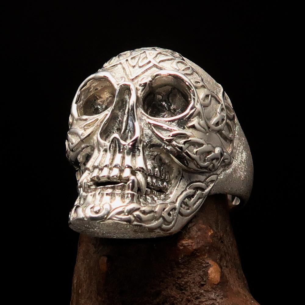 Men's Celtic Skull Ring in matte finish, crafted from solid sterling silver with intricate design details.