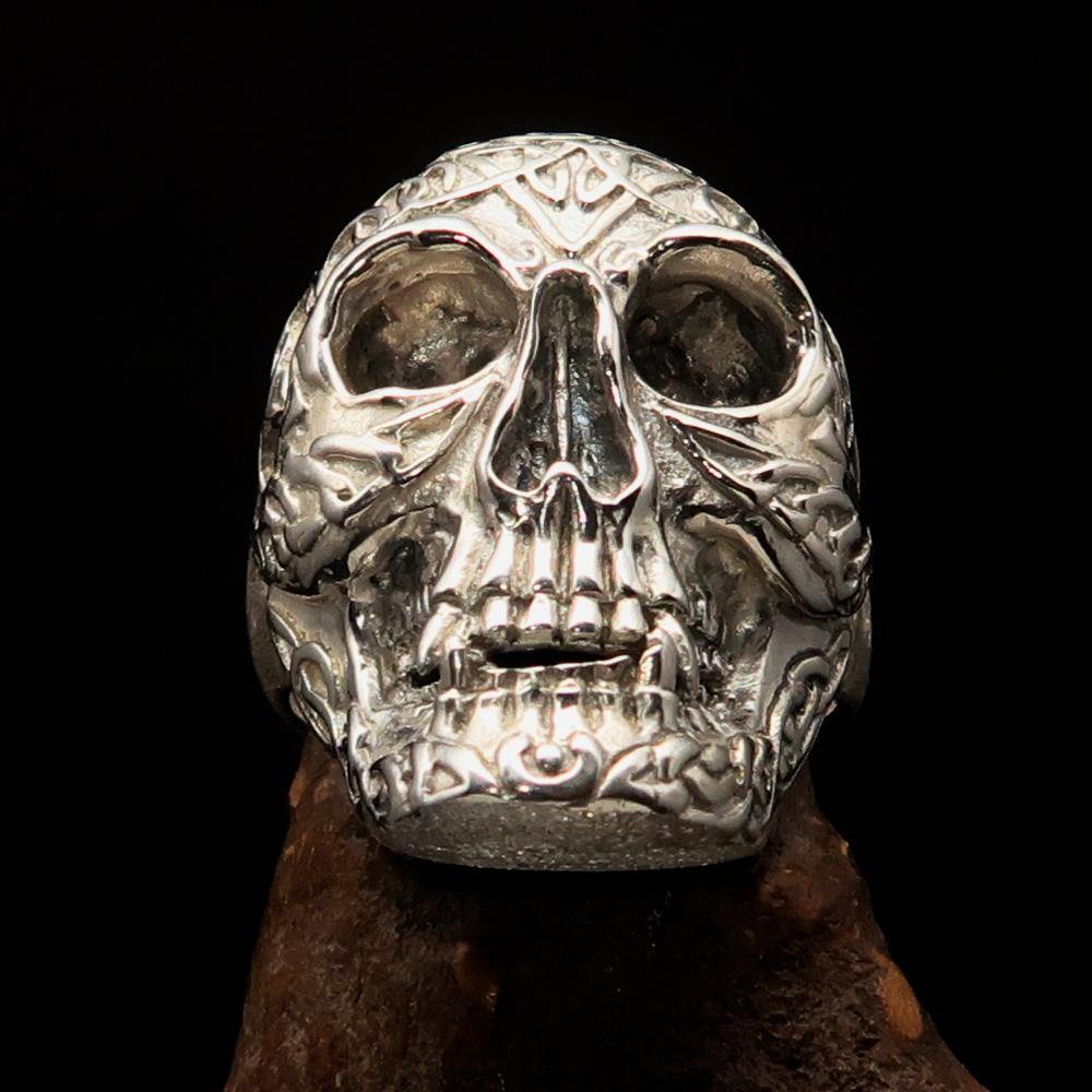 Men's Celtic Skull Ring in matte finish, crafted from solid sterling silver with intricate design details.