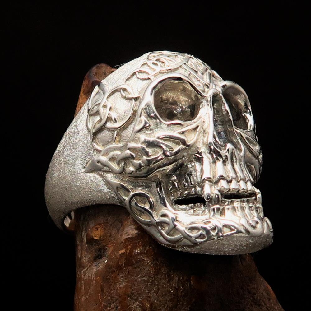 Men's Celtic Skull Ring in matte finish, crafted from solid sterling silver with intricate design details.