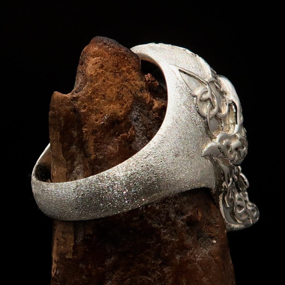 Men's Celtic Skull Ring in matte finish, crafted from solid sterling silver with intricate design details.