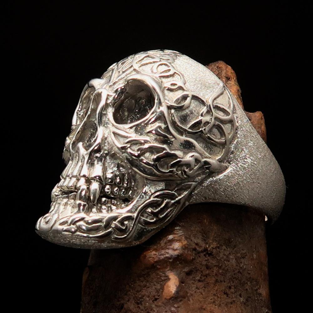 Men's Celtic Skull Ring in matte finish, crafted from solid sterling silver with intricate design details.