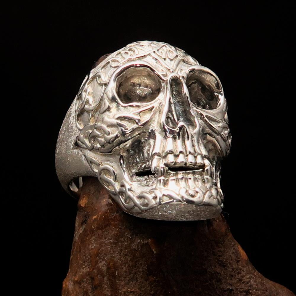 Men's Celtic Skull Ring in matte finish, crafted from solid sterling silver with intricate design details.