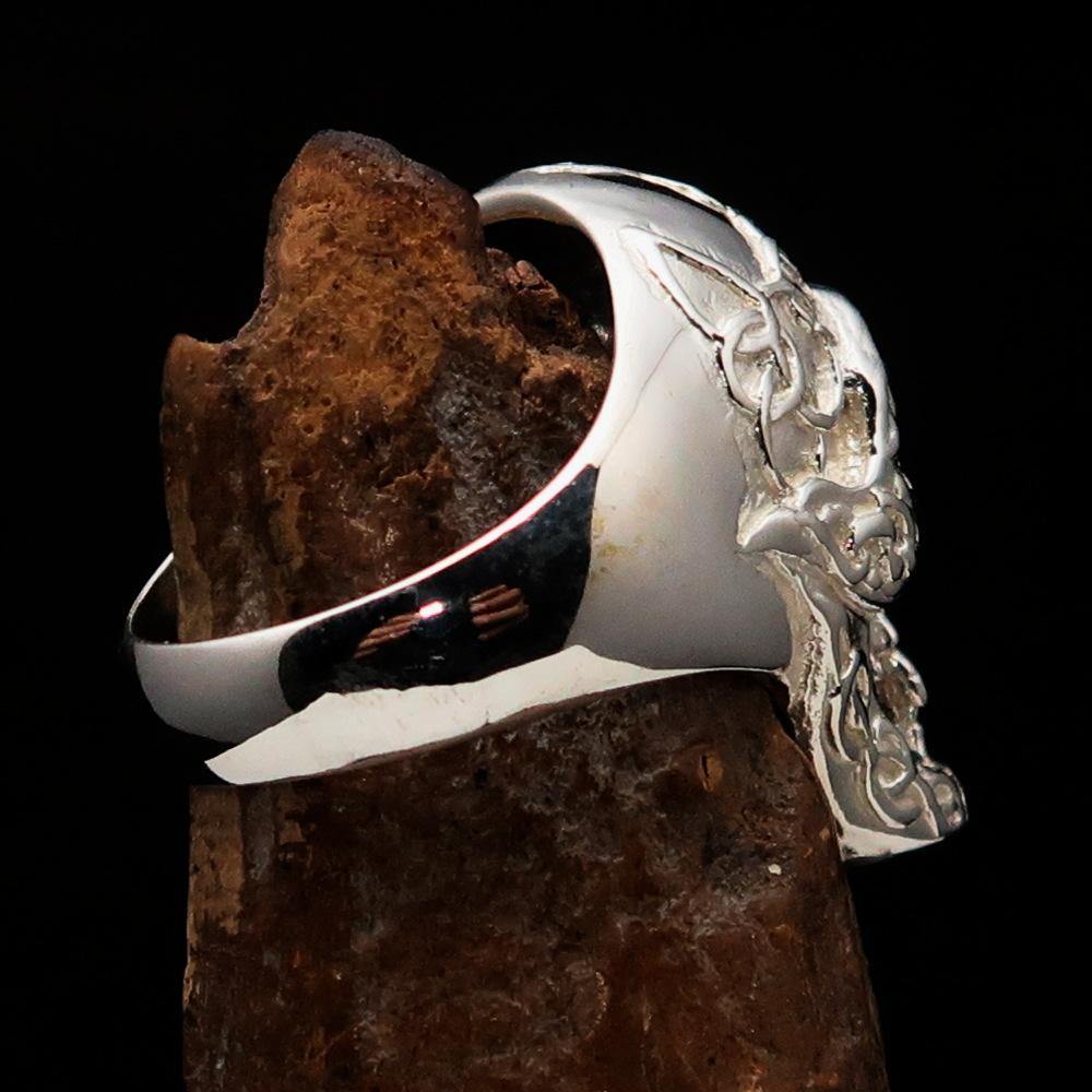 Men's Celtic Skull Ring in sterling silver with a mirror polish finish, showcasing intricate design and quality craftsmanship.