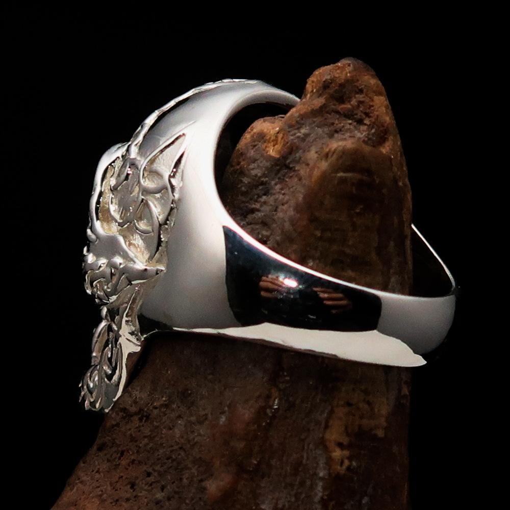 Men's Celtic Skull Ring in sterling silver with a mirror polish finish, showcasing intricate design and quality craftsmanship.