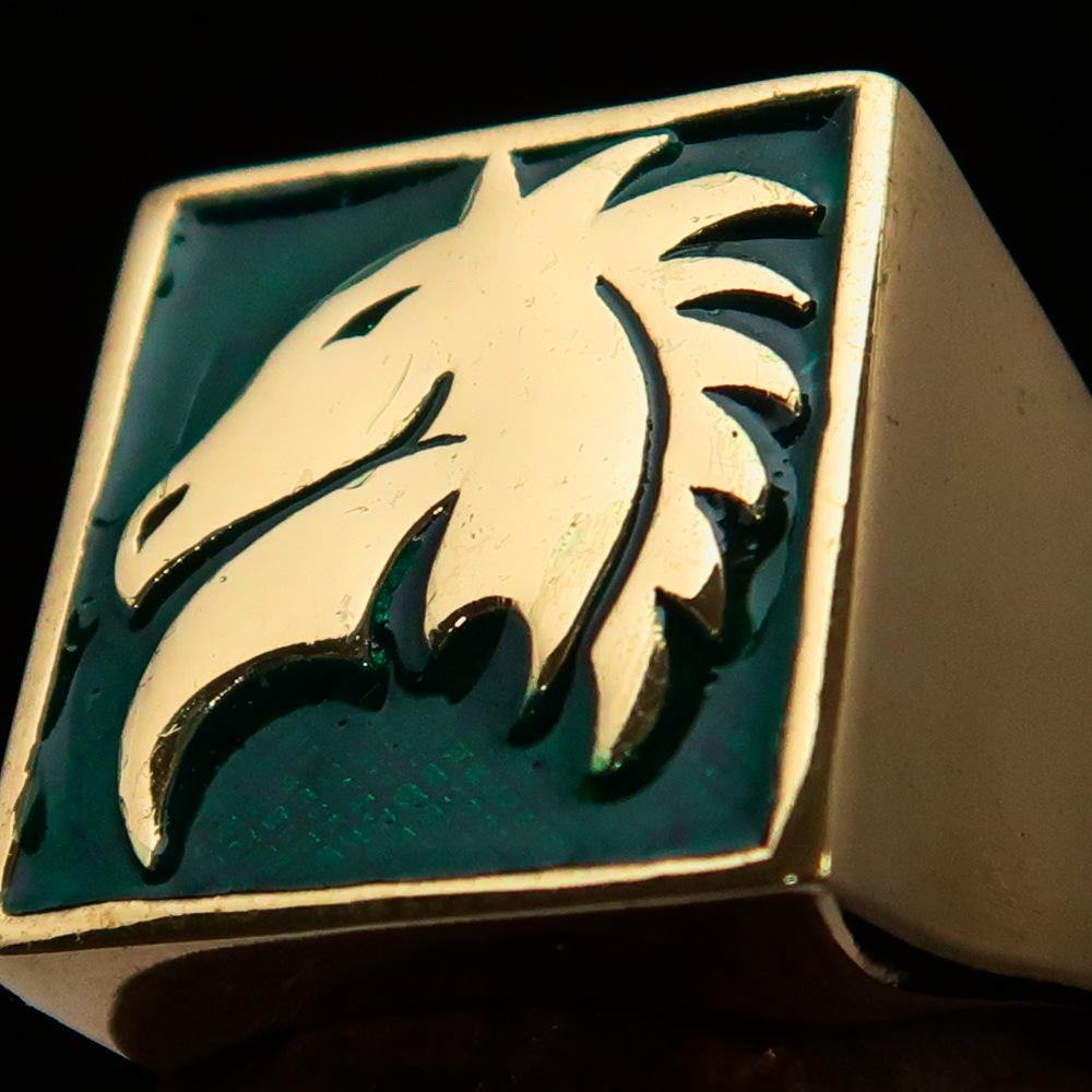 Men's Chess Ring featuring a green Horse Head design, crafted from solid brass with a high polished finish and enamel detailing.