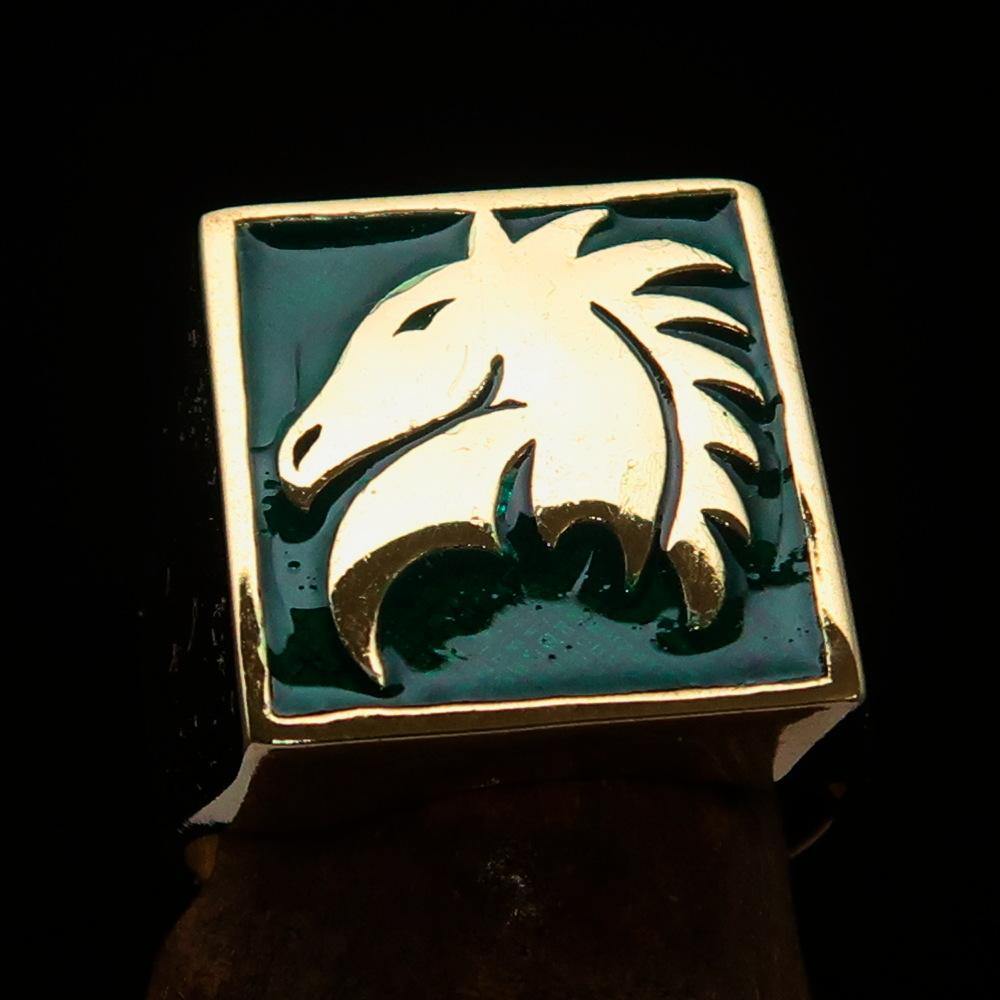 Men's Chess Ring featuring a green Horse Head design, crafted from solid brass with a high polished finish and enamel detailing.