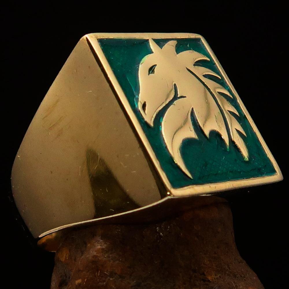 Men's Chess Ring featuring a green Horse Head design, crafted from solid brass with a high polished finish and enamel detailing.