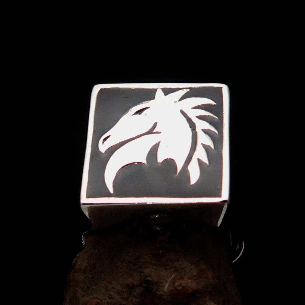 Men's Chess Ring featuring a black horse head design, crafted from solid sterling silver with a high polished enamel finish.