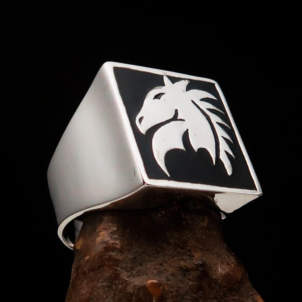 Men's Chess Ring featuring a black horse head design, crafted from solid sterling silver with a high polished enamel finish.