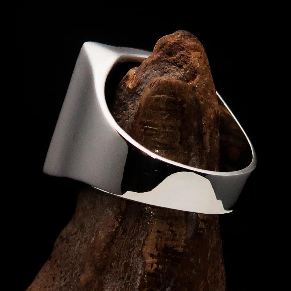 Men's Chess Ring featuring a black horse head design, crafted from solid sterling silver with a high polished enamel finish.