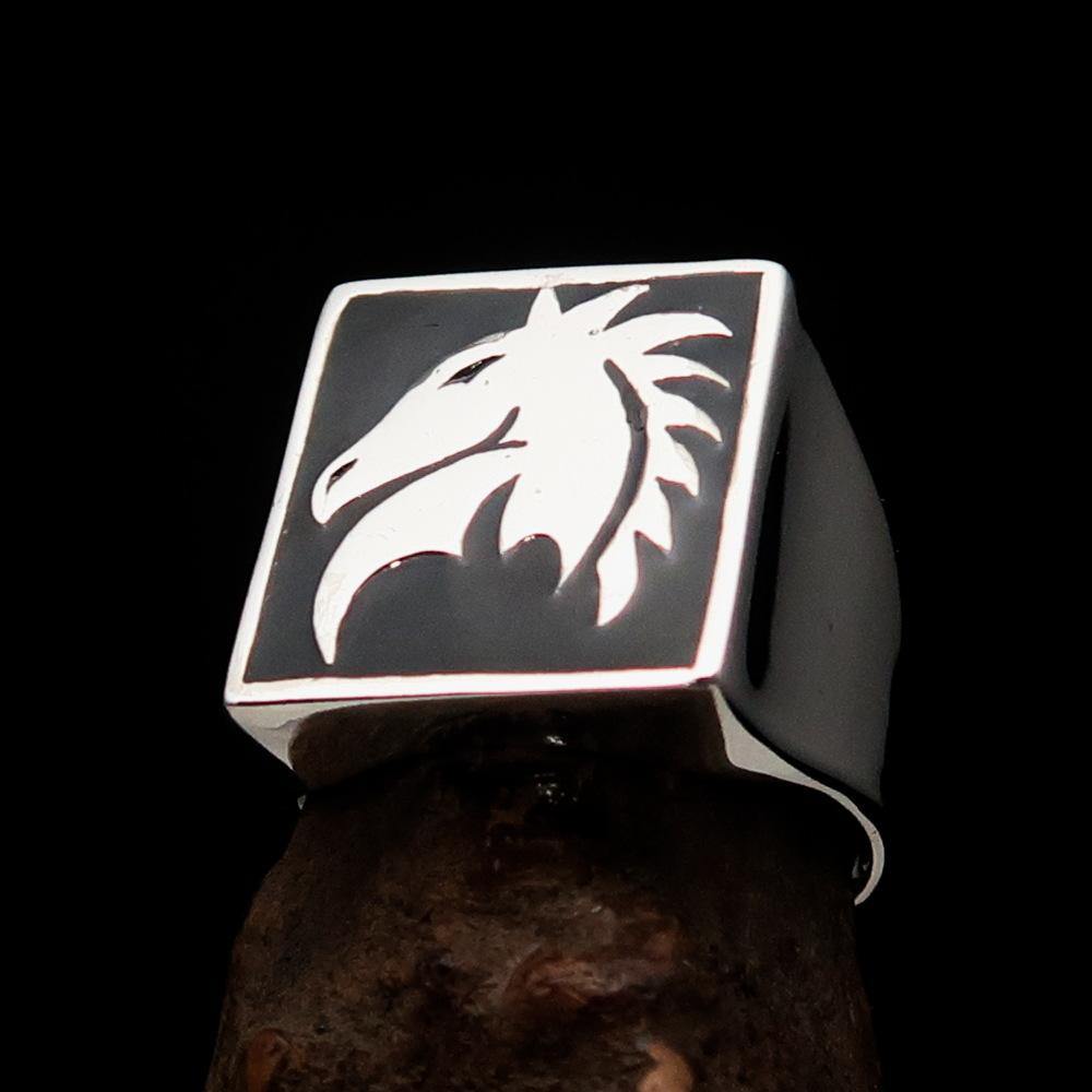 Men's Chess Ring featuring a black horse head design, crafted from solid sterling silver with a high polished enamel finish.