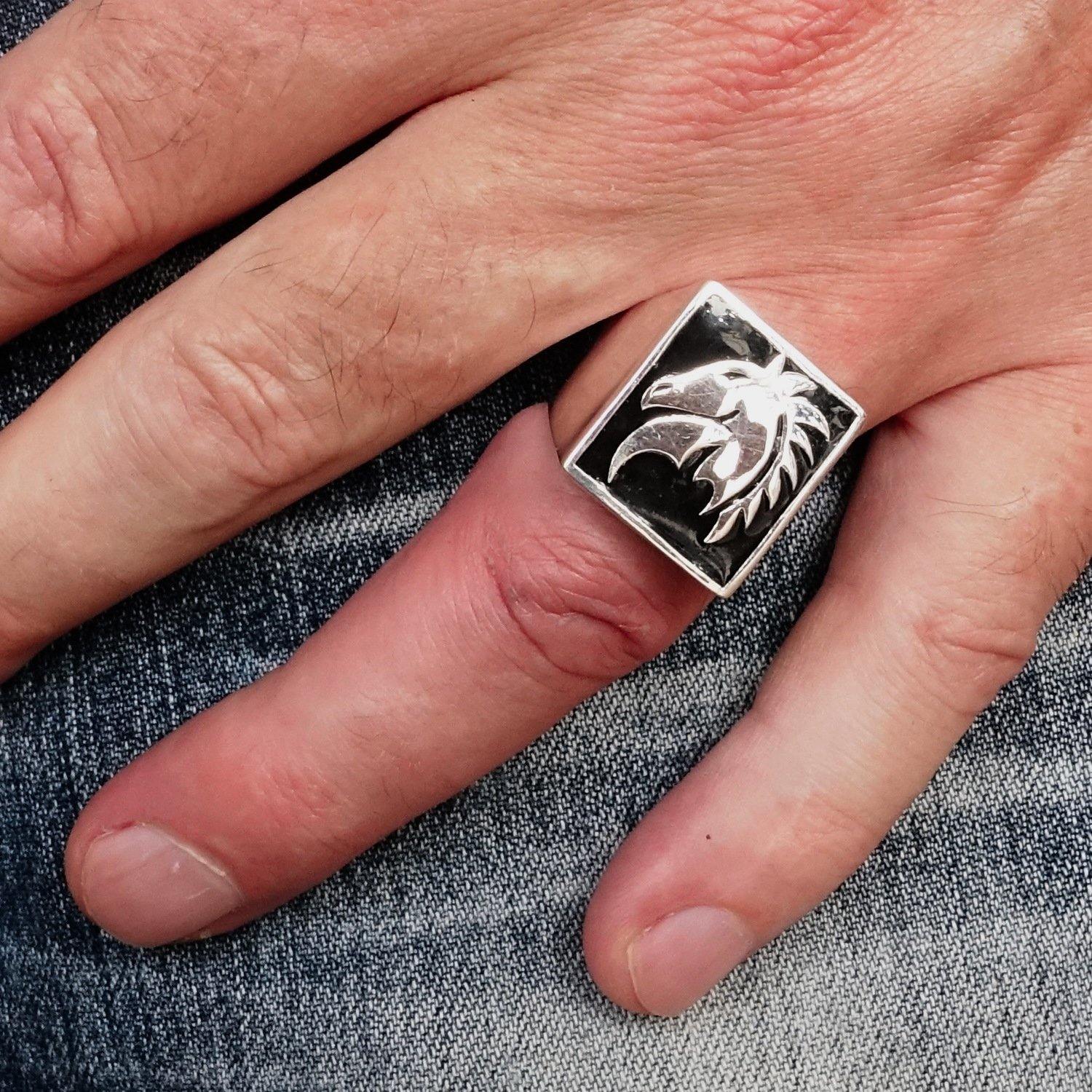 Men's Chess Ring featuring a black horse head design, crafted from solid sterling silver with a high polished enamel finish.