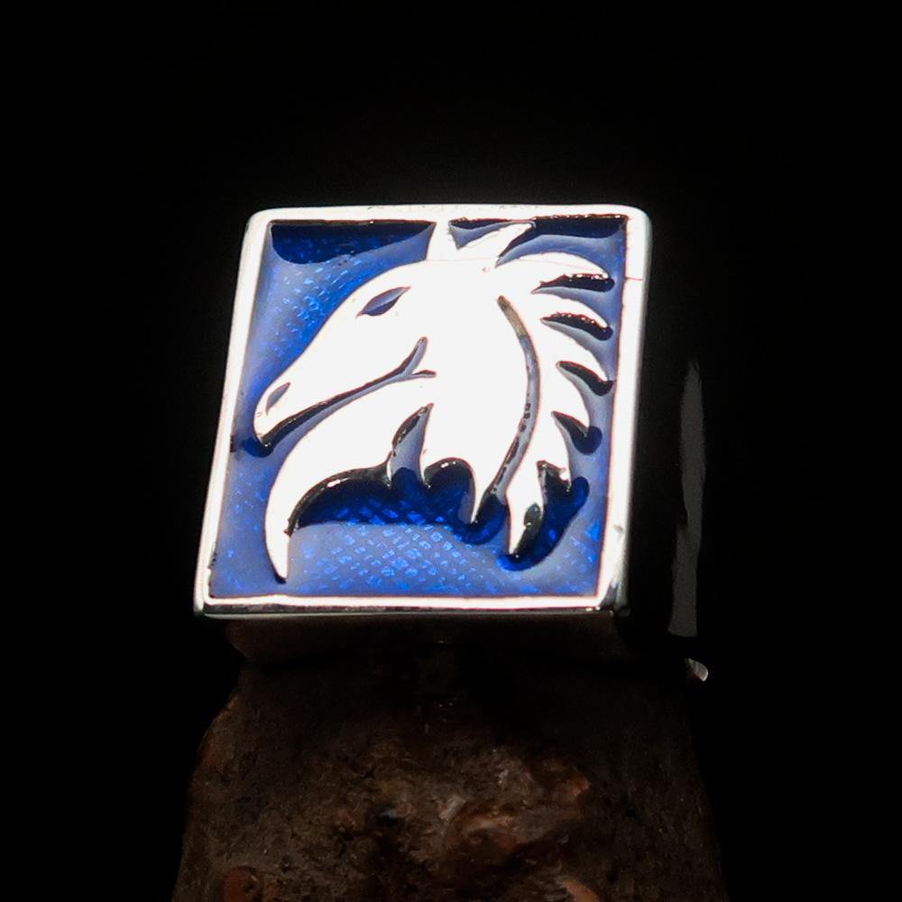 Men's Chess Ring featuring a blue horse head design, crafted from high-quality sterling silver with a polished finish.