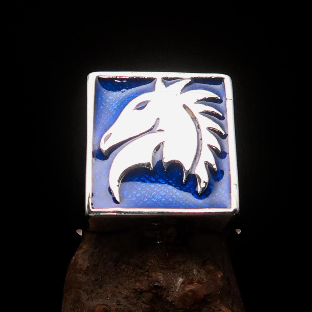 Men's Chess Ring featuring a blue horse head design, crafted from high-quality sterling silver with a polished finish.