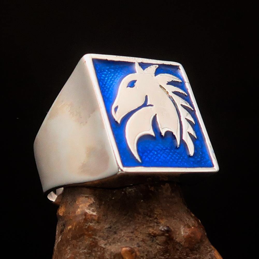 Men's Chess Ring featuring a blue horse head design, crafted from high-quality sterling silver with a polished finish.