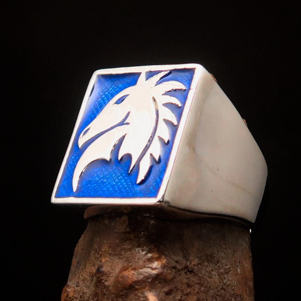 Men's Chess Ring featuring a blue horse head design, crafted from high-quality sterling silver with a polished finish.