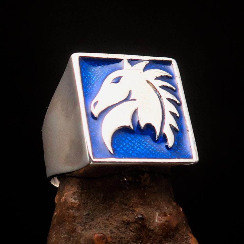 Men's Chess Ring featuring a blue horse head design, crafted from high-quality sterling silver with a polished finish.