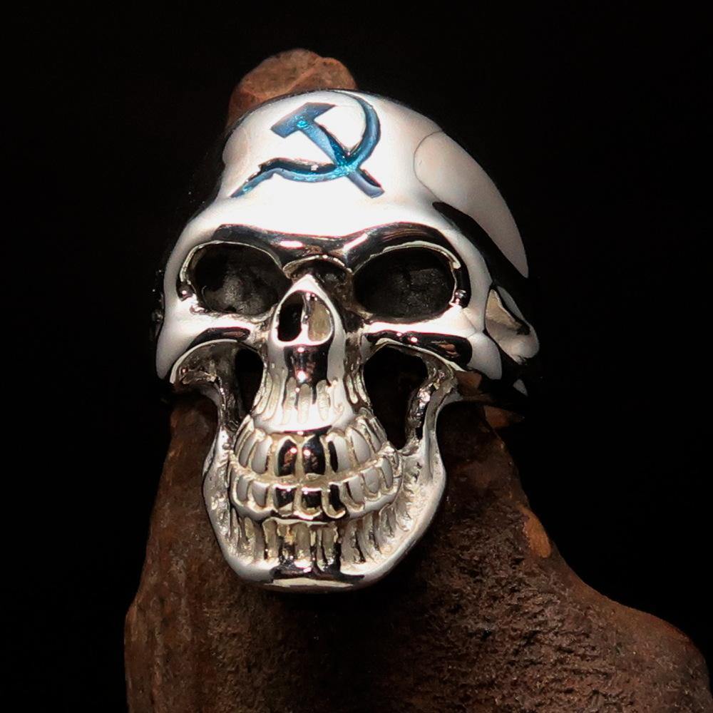 Men's Communist Skull Ring made of solid sterling silver with blue enamel hammer and sickle design, showcasing high polish finish.