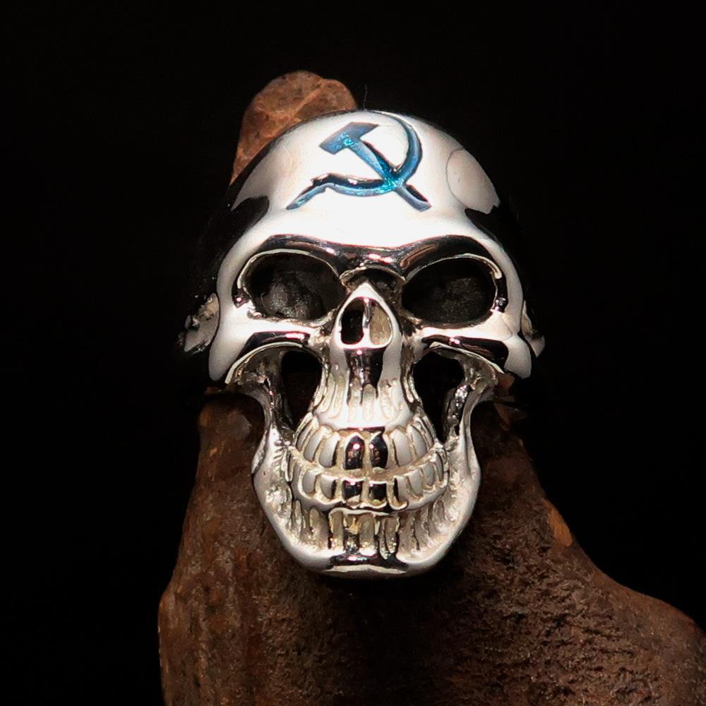 Men's Communist Skull Ring made of solid sterling silver with blue enamel hammer and sickle design, showcasing high polish finish.