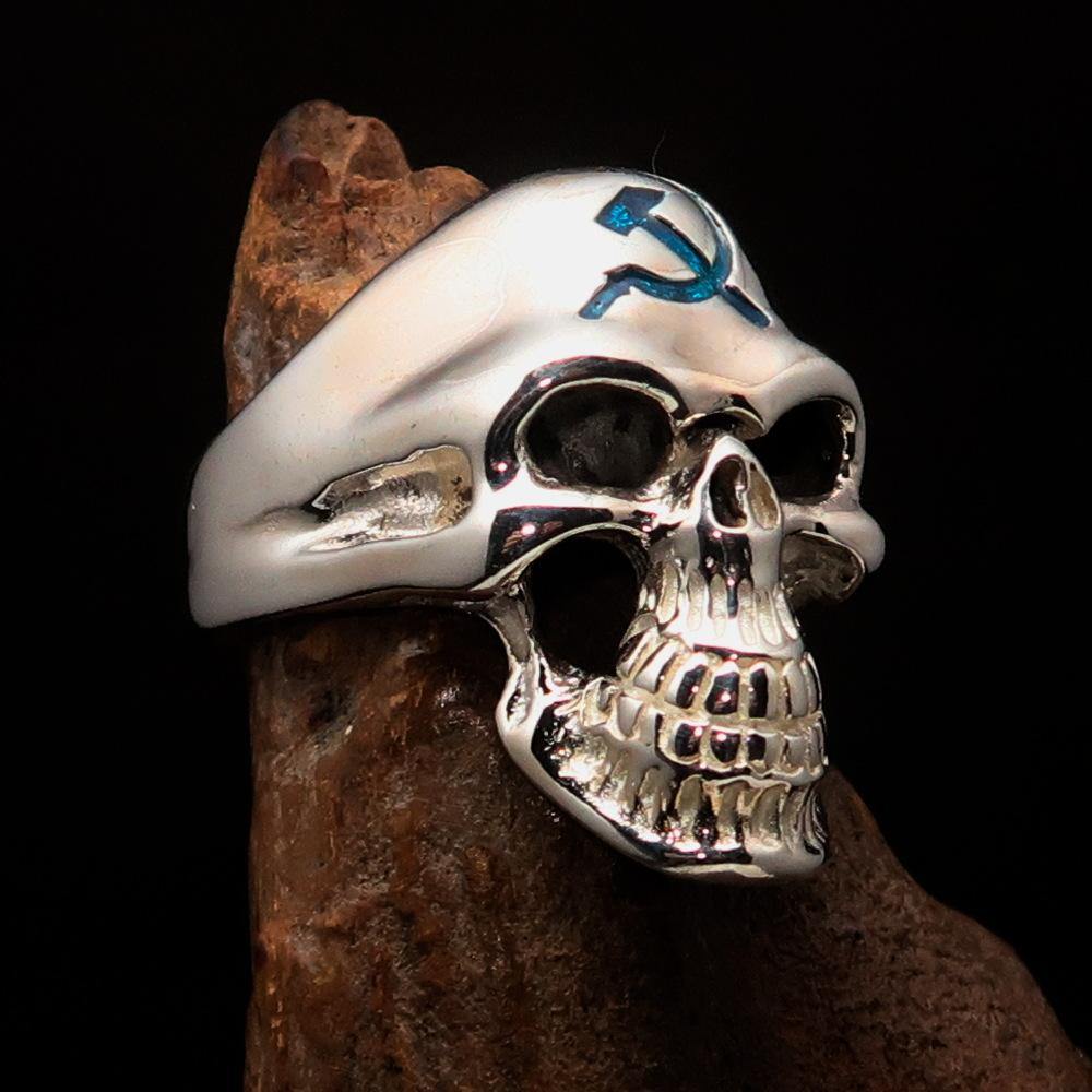 Men's Communist Skull Ring made of solid sterling silver with blue enamel hammer and sickle design, showcasing high polish finish.