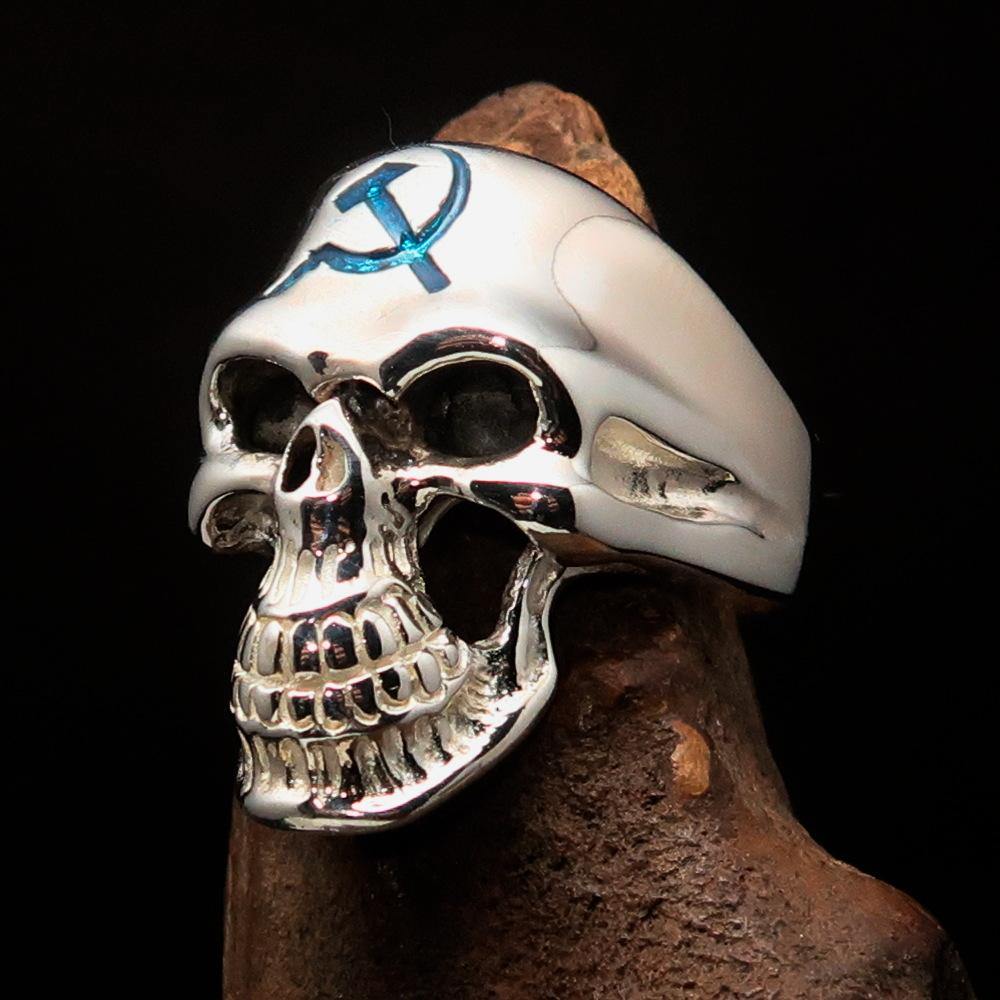 Men's Communist Skull Ring made of solid sterling silver with blue enamel hammer and sickle design, showcasing high polish finish.