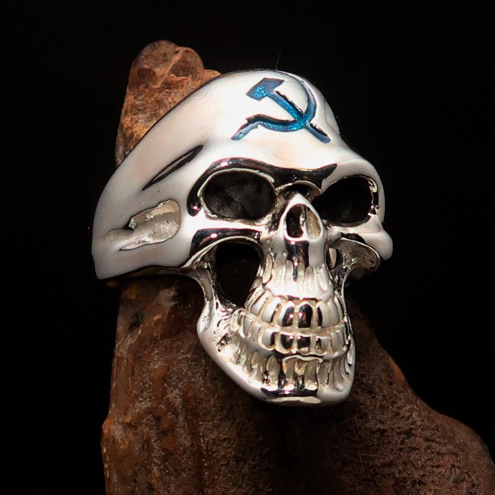 Men's Communist Skull Ring made of solid sterling silver with blue enamel hammer and sickle design, showcasing high polish finish.