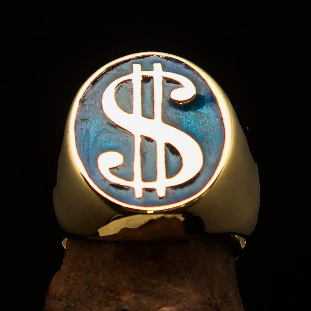 Men's Currency Ring featuring a blue USD dollar symbol, crafted from solid brass with a high-polished finish and solid back.