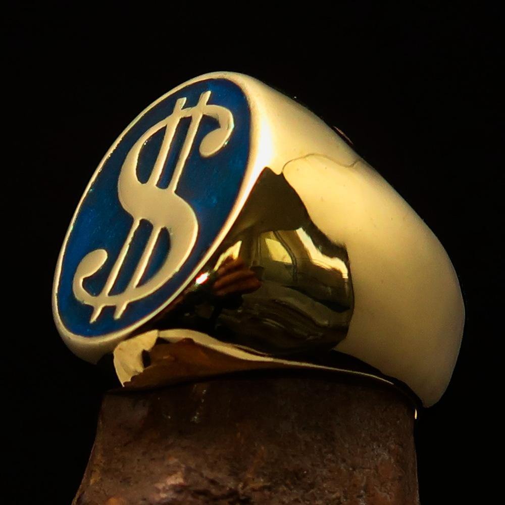 Men's Currency Ring featuring a blue USD dollar symbol, crafted from solid brass with a high-polished finish and solid back.