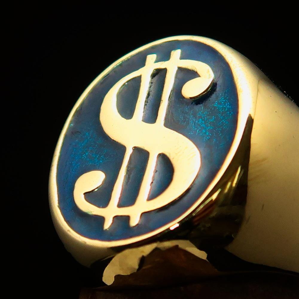 Men's Currency Ring featuring a blue USD dollar symbol, crafted from solid brass with a high-polished finish and solid back.