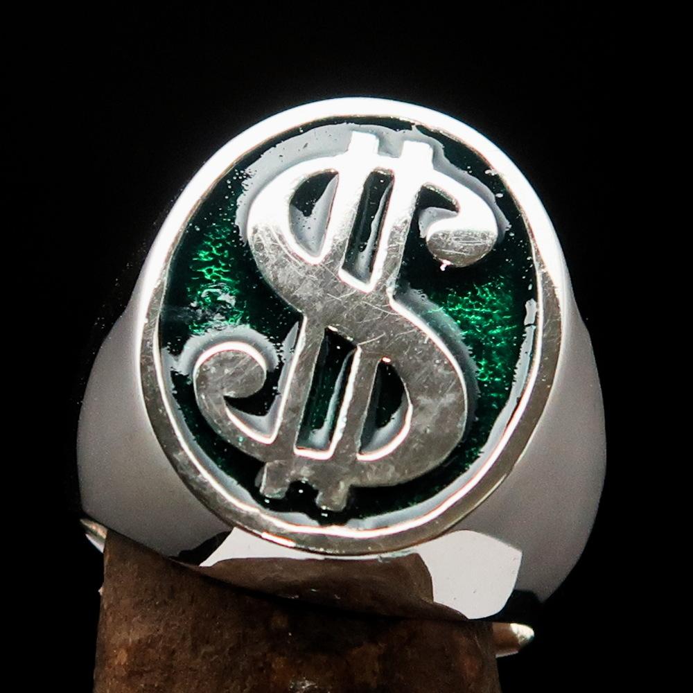 Men's Currency Ring made of solid sterling silver with a green USD symbol, high polished with enamel finish.