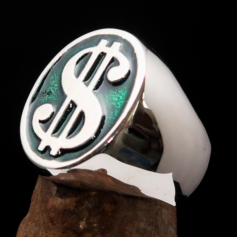 Men's Currency Ring made of solid sterling silver with a green USD symbol, high polished with enamel finish.