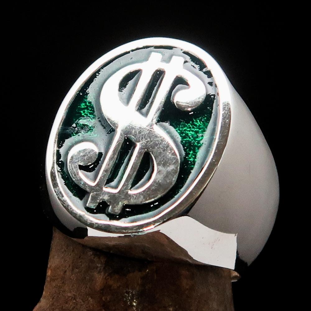 Men's Currency Ring made of solid sterling silver with a green USD symbol, high polished with enamel finish.