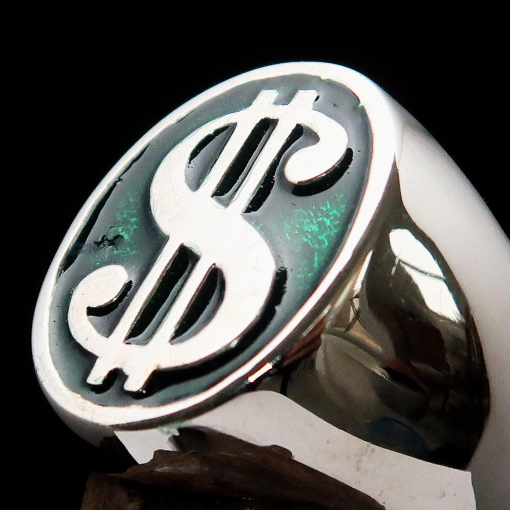 Men's Currency Ring made of solid sterling silver with a green USD symbol, high polished with enamel finish.