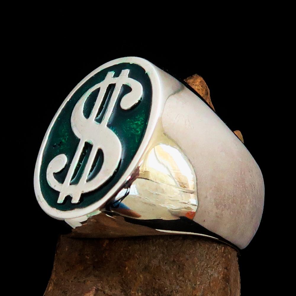 Men's Currency Ring made of solid sterling silver with a green USD symbol, high polished with enamel finish.