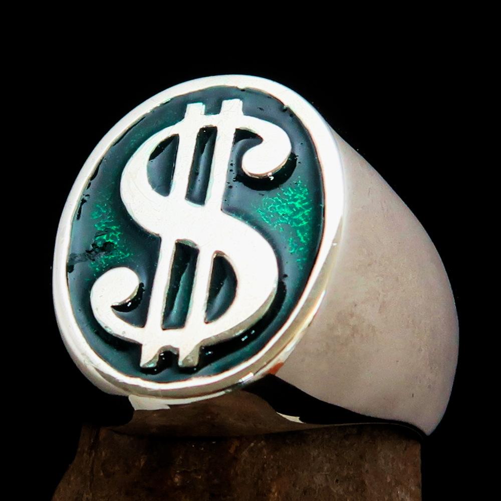 Men's Currency Ring made of solid sterling silver with a green USD symbol, high polished with enamel finish.