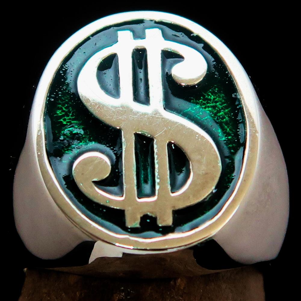 Men's Currency Ring made of solid sterling silver with a green USD symbol, high polished with enamel finish.