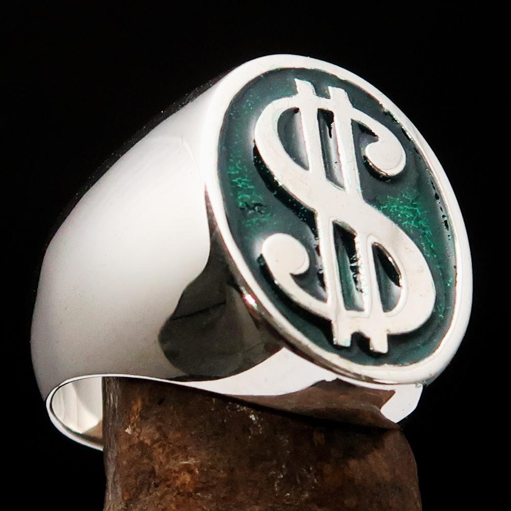 Men's Currency Ring made of solid sterling silver with a green USD symbol, high polished with enamel finish.