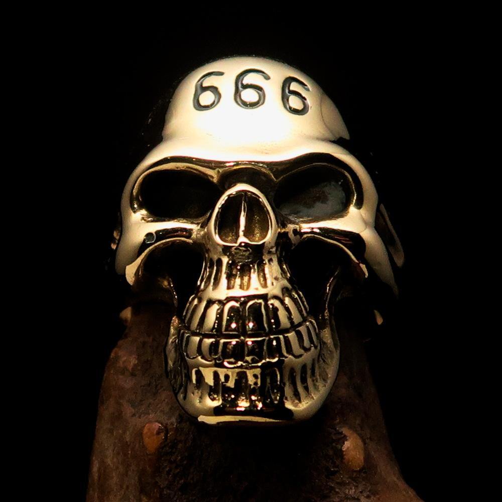 Men's Devil Skull Ring made of solid brass with a black enamel 666 design on the forehead, showcasing its unique and bold style.