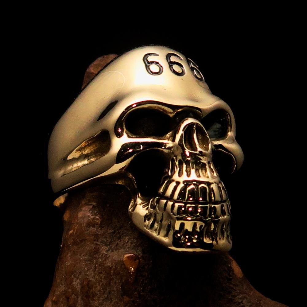 Men's Devil Skull Ring made of solid brass with a black enamel 666 design on the forehead, showcasing its unique and bold style.