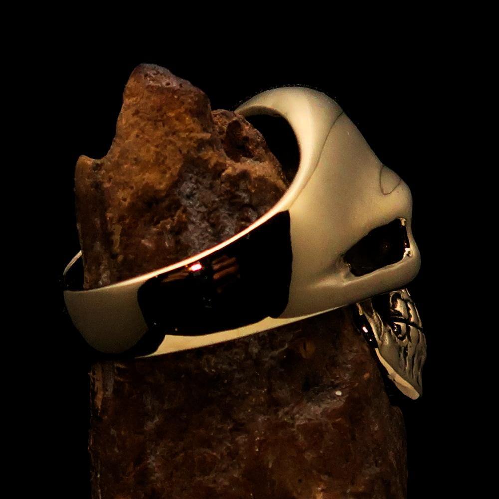 Men's Devil Skull Ring made of solid brass with a black enamel 666 design on the forehead, showcasing its unique and bold style.