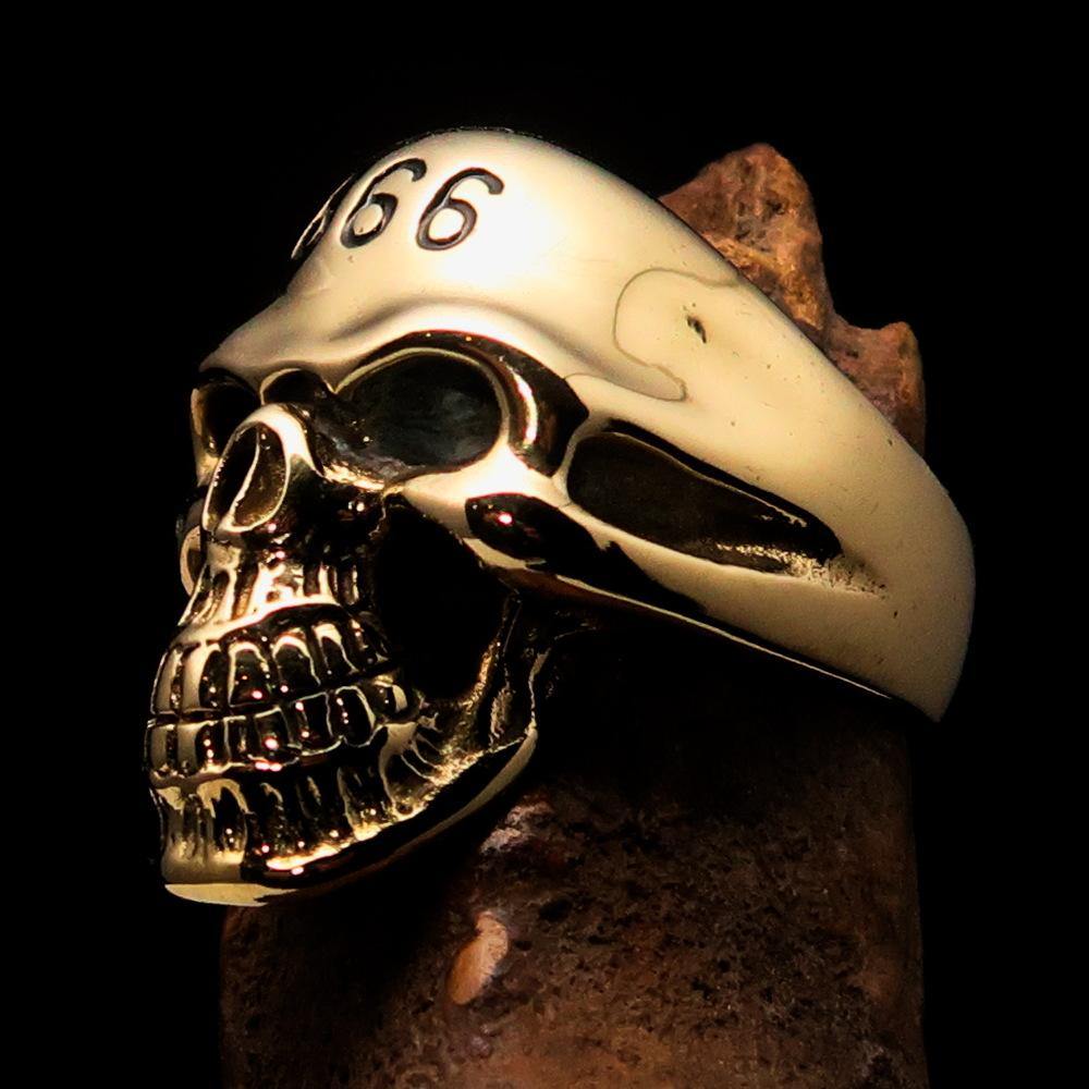 Men's Devil Skull Ring made of solid brass with a black enamel 666 design on the forehead, showcasing its unique and bold style.