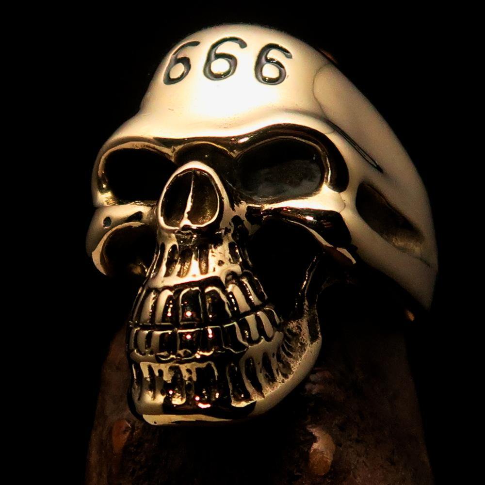 Men's Devil Skull Ring made of solid brass with a black enamel 666 design on the forehead, showcasing its unique and bold style.