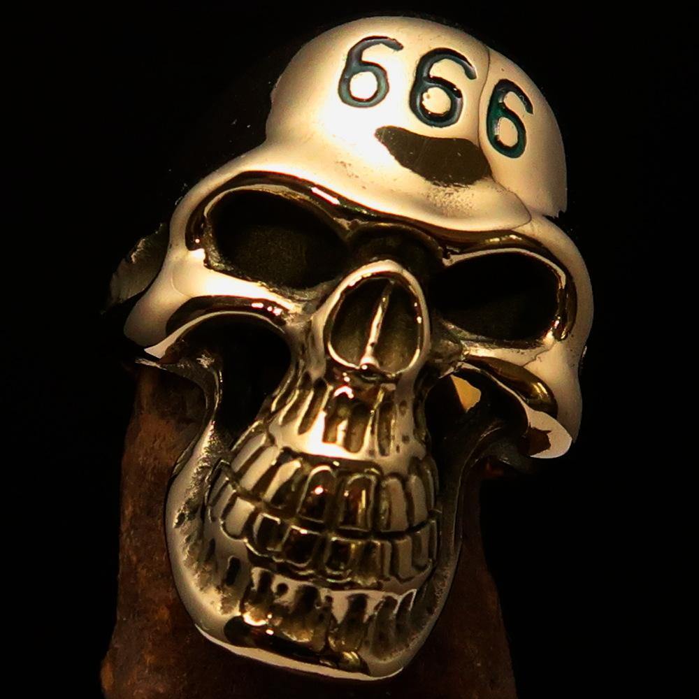 Men's Devil Skull Ring made of solid brass with a high-polished finish and green enamel 666 design on the forehead.