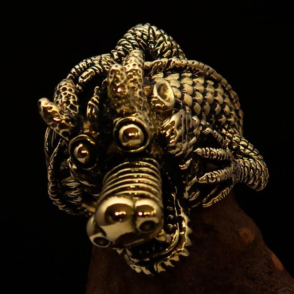 Men's Dragon Ring made of solid brass with intricate dragon design and antique finish.