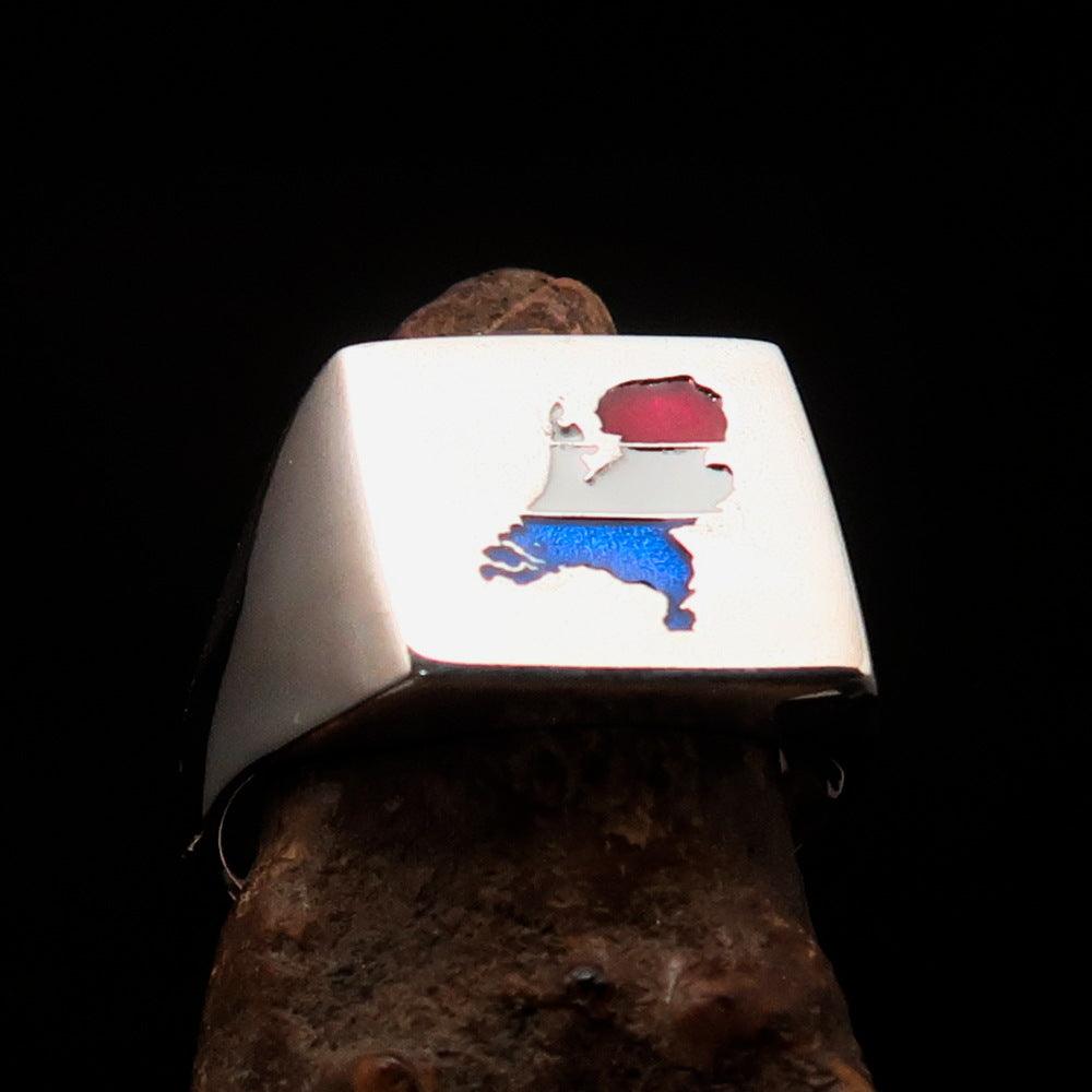 Men's Dutch Flag Ring made of high polished sterling silver with enamel, featuring the vibrant colors of the Dutch flag.