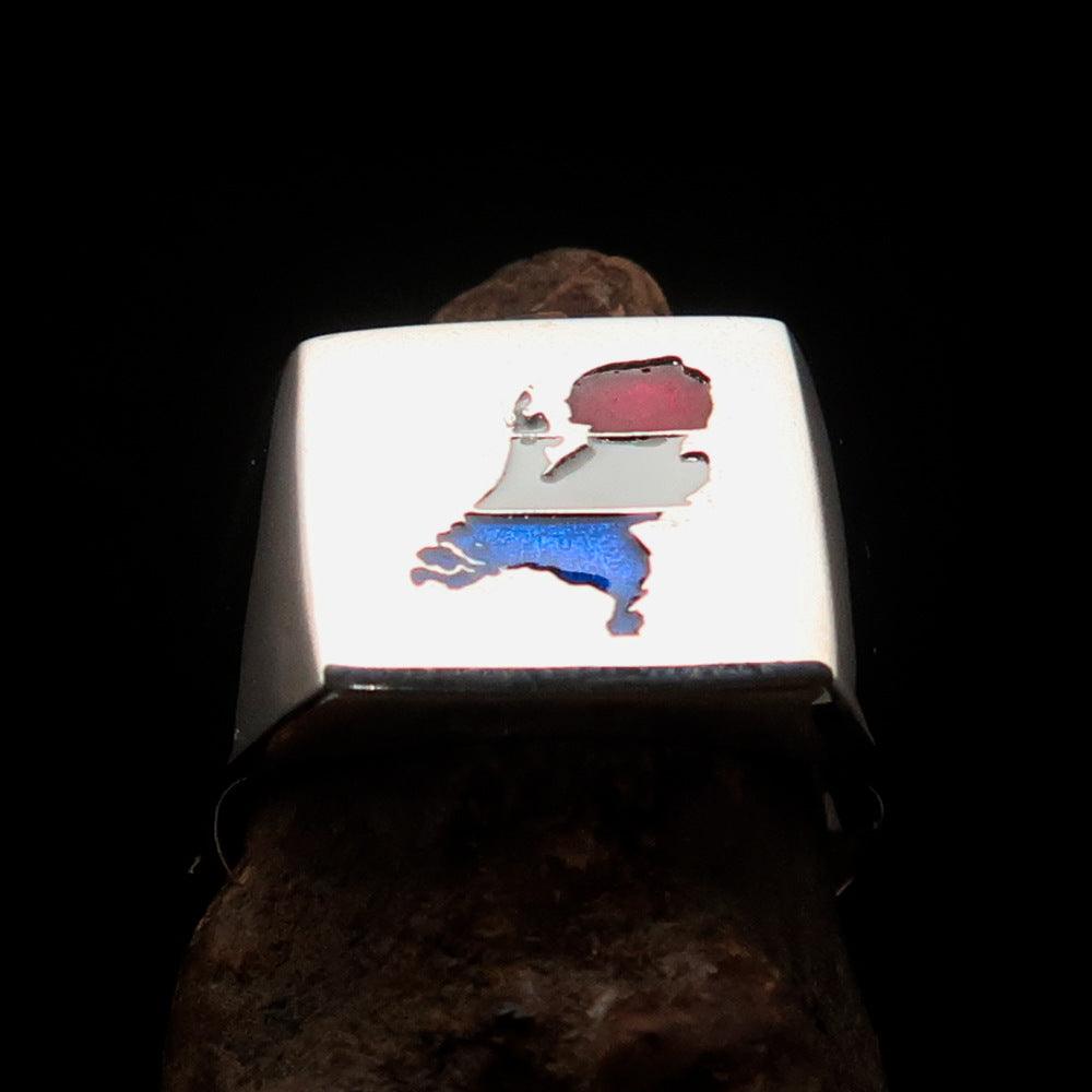 Men's Dutch Flag Ring made of high polished sterling silver with enamel, featuring the vibrant colors of the Dutch flag.