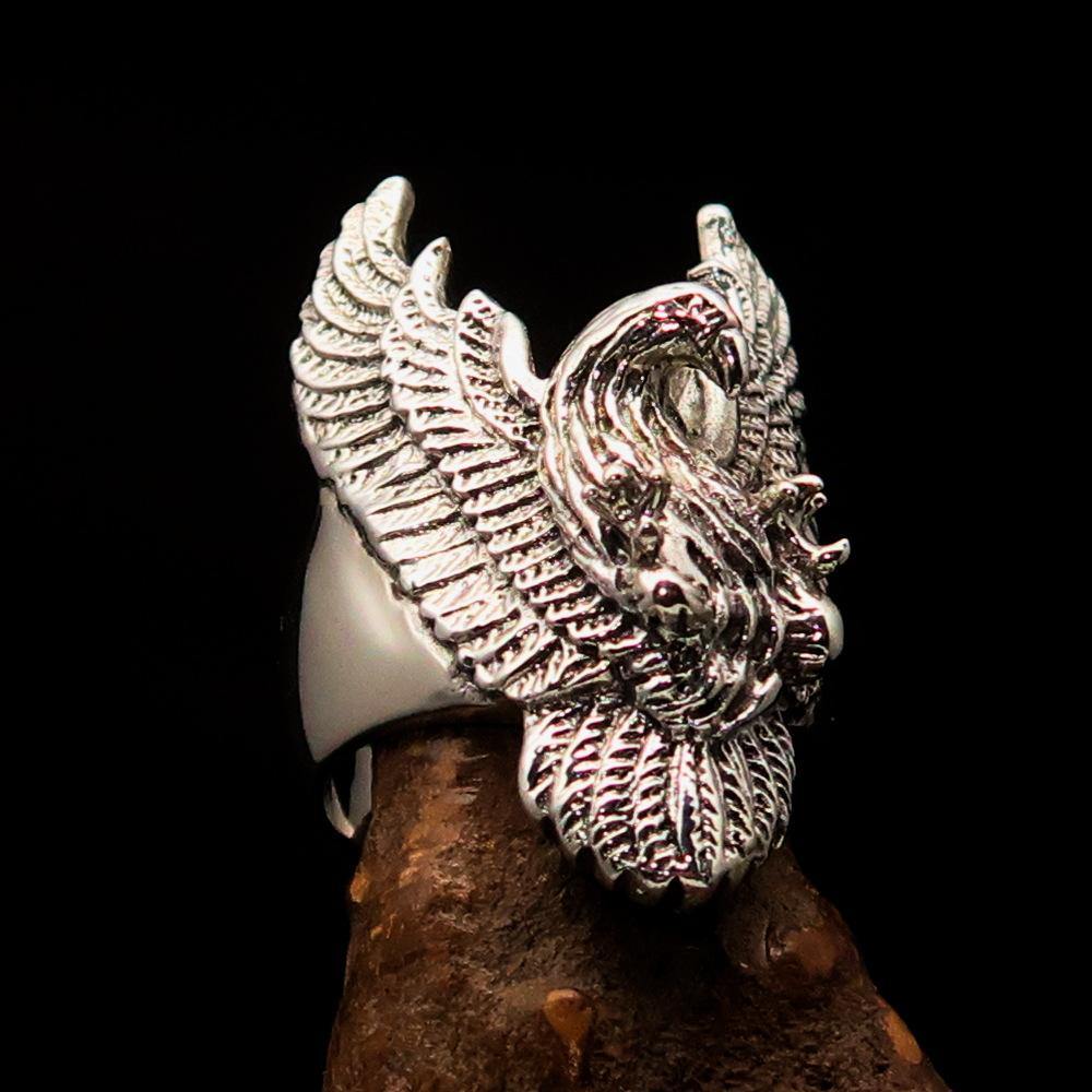 Men's Eagle Ring in sterling silver with spread wings design, showcasing intricate details and a polished finish.