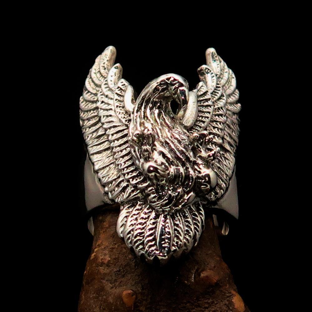 Men's Eagle Ring in sterling silver with spread wings design, showcasing intricate details and a polished finish.