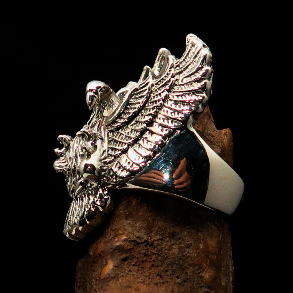 Men's Eagle Ring in sterling silver with spread wings design, showcasing intricate details and a polished finish.