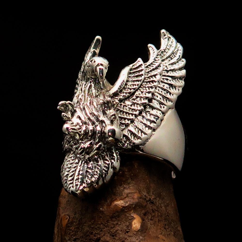 Men's Eagle Ring in sterling silver with spread wings design, showcasing intricate details and a polished finish.